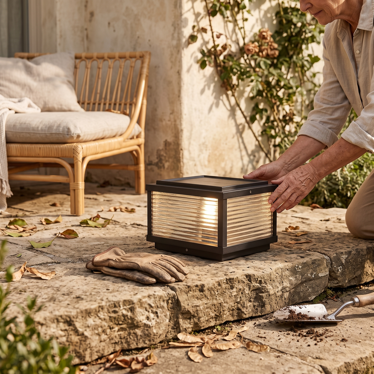 Solvane | Square Ribbed Glass Pillar Light Solar Outdoor Post Lamp for Garden and Driveway