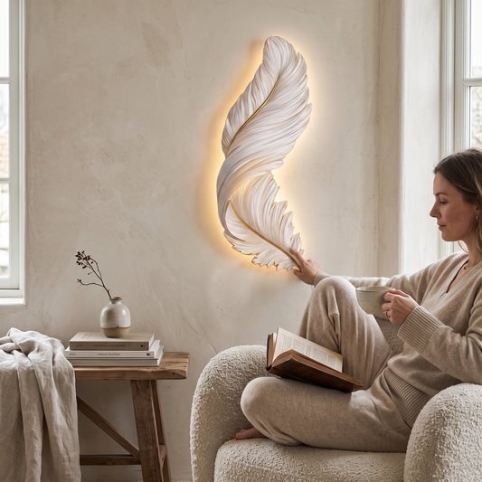 Plumea | Feather LED Wall Art Lamp Dimmable Remote Ambient Light for Bedroom and Living Room