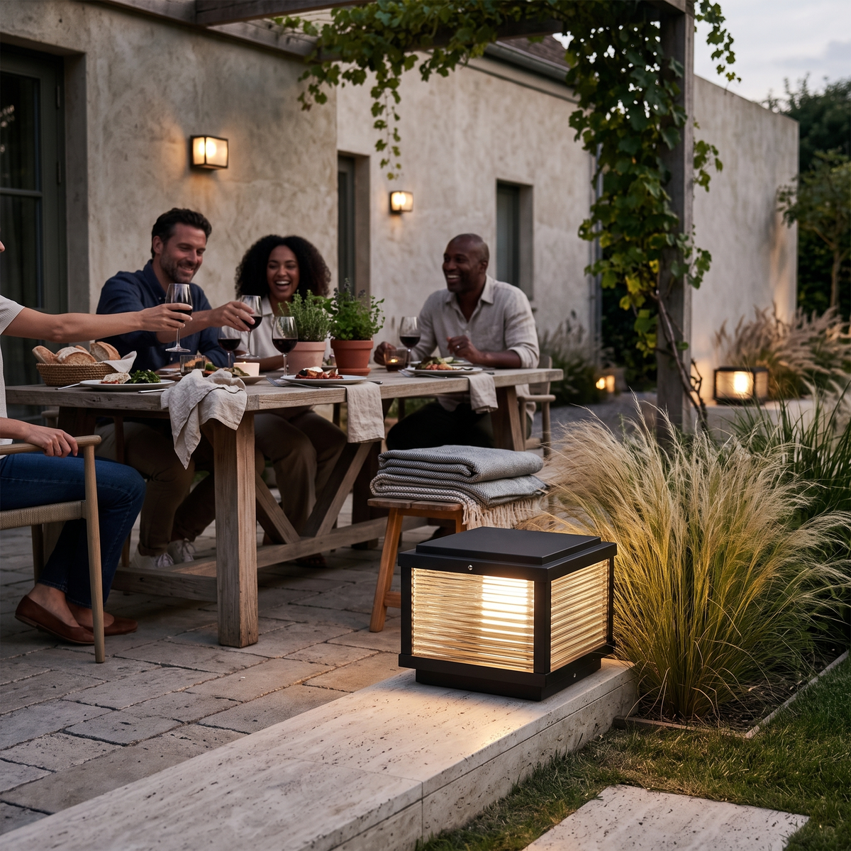 Solvane | Square Ribbed Glass Pillar Light Solar Outdoor Post Lamp for Garden and Driveway