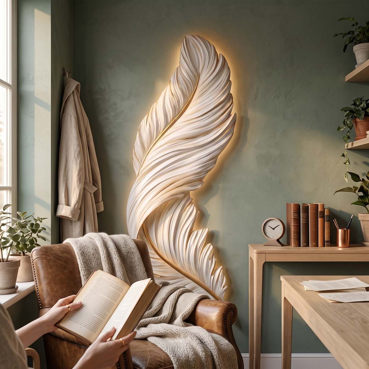 Plumea | Feather LED Wall Art Lamp Dimmable Remote Ambient Light for Bedroom and Living Room