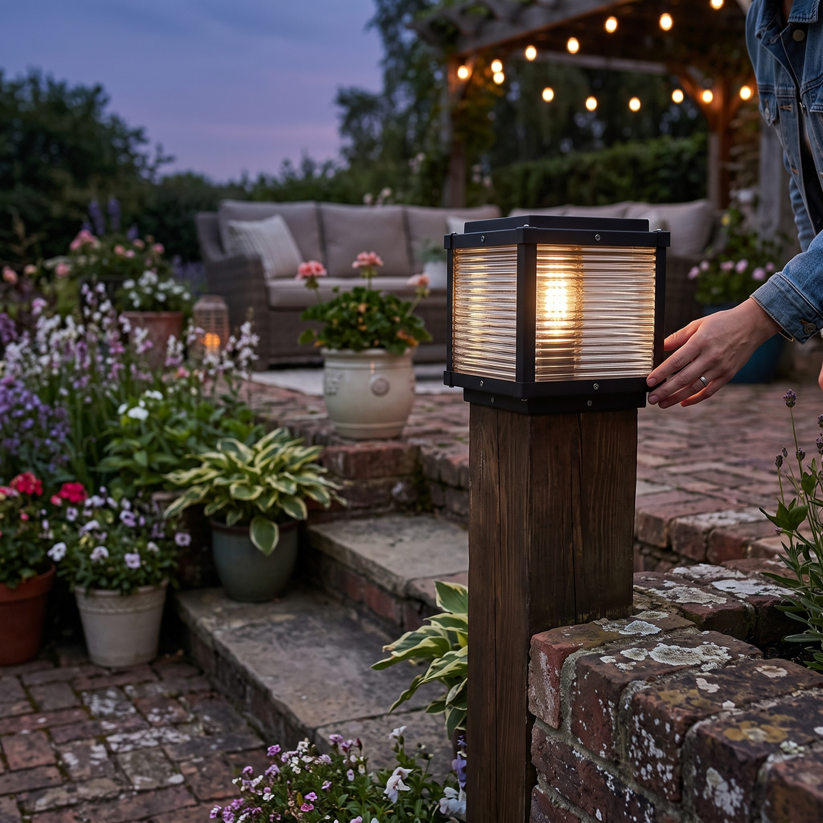 Solvane | Square Ribbed Glass Pillar Light Solar Outdoor Post Lamp for Garden and Driveway