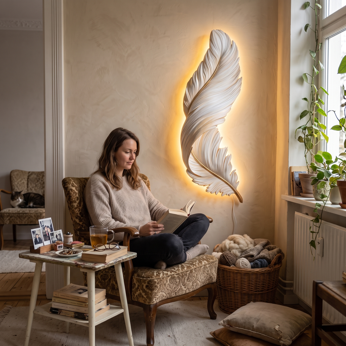 Plumea | Feather LED Wall Art Lamp Dimmable Remote Ambient Light for Bedroom and Living Room