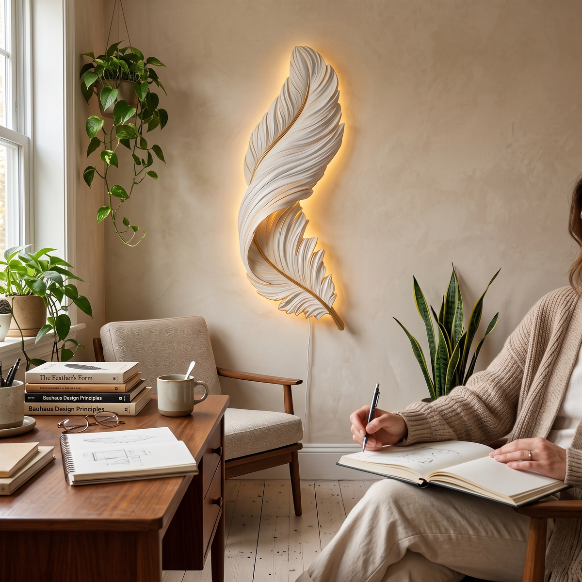 Plumea | Feather LED Wall Art Lamp Dimmable Remote Ambient Light for Bedroom and Living Room