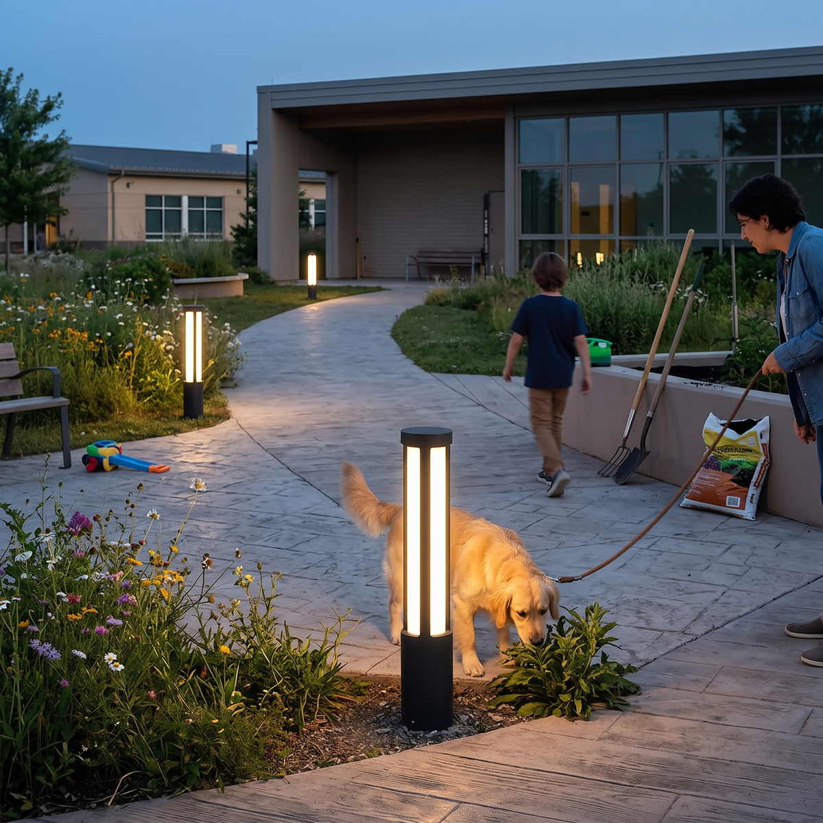 Round Modern LED Bollard Light | Black Landscape Path Light